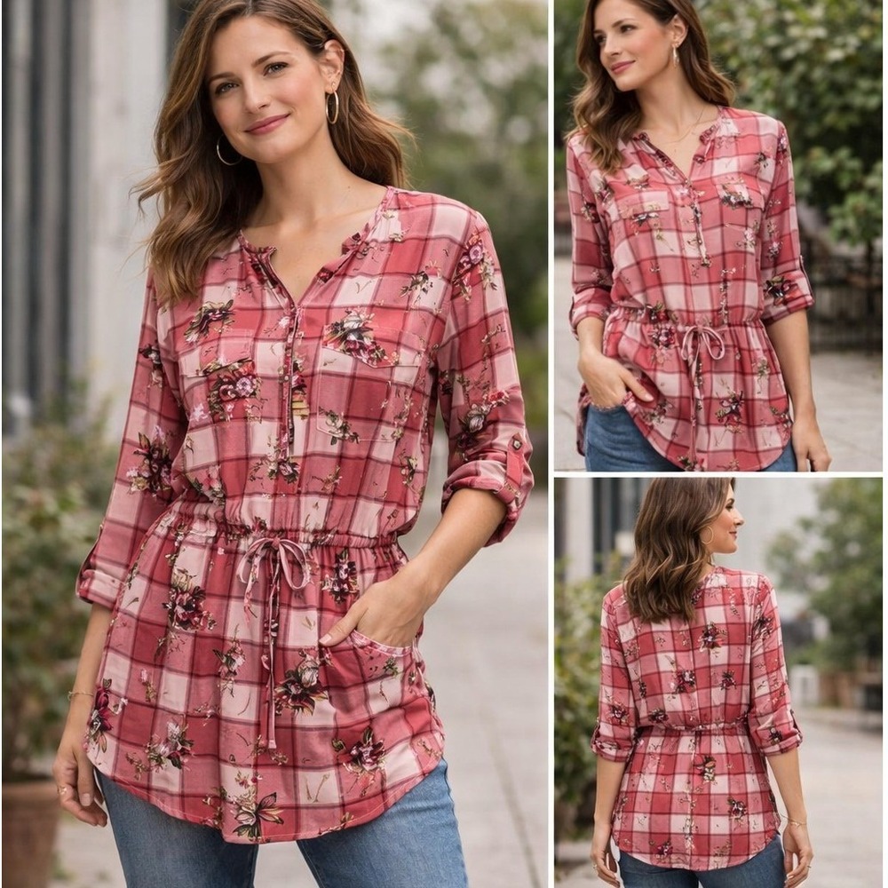 Stella Tweed Plaid Floral Zip Front Tunic Top Womens Medium Pink Boho